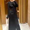 Fadan San Dro 2023 Autumn/Winter New Long Sticked Dress Women's Contrast Wood Ear Edge Round Neck Classic Little Black Dress