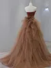 Runway Dresses Luxury Caramel Evening Dress Strapless Mermaid Pleated Satin Bow Detachable Train Lace Up Prom Gowns Toasting Clothing