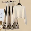 Dres из двух предметов, осенне-зимние теплые трикотажные комплекты, корейский пуловер с длинными рукавами, свитер, топ и юбки с высокой талией 231018