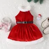 Vestidos de menina crianças botique roupas meninas vestido estilo europeu veludo sem mangas apertado fino ajuste cor sólida festival natal cinto plissado