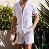 Survêtements pour hommes Mens coton lin à manches courtes col rabattu chemise hauts shorts pantalons ensemble été costume décontracté vêtements pour 2023