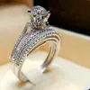 Female Crystal White Round Ring Set Brand Luxury Promise 925 Silver Engagement Ring Vintage Bridal Wedding Rings For Women304H