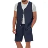 Men's Tracksuits Summer Cotton Linen Two Piece Sports Set Casual Solid Loose V-Neck Sleeveless Tank Top Coat Shorts Suits For Men Clothing