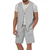 Men's Tracksuits Summer Cotton Linen Two Piece Sports Set Casual Solid Loose V-Neck Sleeveless Tank Top Coat Shorts Suits For Men Clothing