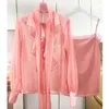 Blusas de mujer de alta calidad elegante camisa con lazo de encaje con volantes regalo rosa correa interior perspectiva superior ropa delgada primavera 2023