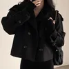 Женские смешанные шерстяные куртки во французском стиле в винтажном стиле с отложным воротником, двубортные карманы, свободные универсальные укороченные пальто, осенне-зимний шикарный топ 231018