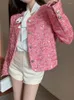 Giubbotti da donna Donne eleganti Giacca di tweed rosa 2023 Autunno Manica lunga Bottoni Bling Moda femminile O-Collo Tasca Cappotti corti