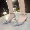 Sandals 2023 Summer Pointed Toe Cover Heels String Bead High Ankle Strap Rhinestone Ladies Elegant Pumps Shoes