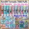 Autêntico RandM Tornado 7000 Puffs Dispositivo descartável Vape Pod Bateria poderosa 0% 2% 5% 14ml Cartucho pré-preenchido RGB luz Vape Pen Kit 56 cores