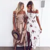 Boho stil lång klänning kvinnor utanför axel strand sommarklänningar blommigt tryck vintage chiffong vit maxi vestidos de festa2141