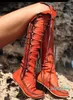 Haute qualité nouvelles bottes en cuir PU pour les femmes Sexy à lacets sur les bottes au genou avec des lacets bronzés Style mocassin bottes femmes grandes