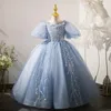 2023 Blu Sheer Neck Flower Girl Abiti Ball Gown Paillettes Lace Tulle Vintage Little Girl Peageant Dress Gowns ZJ416