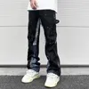 Moletons masculinos com capuz Hip Hop Contraste Cor Splice Speckled Ink Paint Micro Flared Jeans para homens Straight Baggy Y2K Denim Calças Oversized Cargos 231018