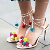 Sandals Summer Colorful Pompon Thin High Heels Multi Ball Open Toe Stilettos Ladies Bobbles Lace Up Sandalia