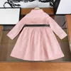 luxury designer Gold single breasted girl lapel dress baby clothes Kids frock with belt Size 110-160 CM Grid letter printing Child Skirt Aug11