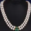 2 rad 8-9mm South Sea White Green Jade Mother Pearl Necklace Yellow Clasp178L