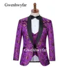 Gwenhwyfar 2019 Förskottsstil Sjal Black Lapel Groom Tuxedos Gold Floral Purple Men Suits Wedding Man Jacket Pants Vest X0276W