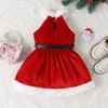 Vestidos de menina crianças botique roupas meninas vestido estilo europeu veludo sem mangas apertado fino ajuste cor sólida festival natal cinto plissado