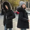 Damskie puch Parkas solidny zimowy moda z kapturem duży futra zagęszcza ciepły wyściełany płaszcz damski luźna kurtka kieszonkowa 231018