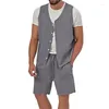 Men's Tracksuits Summer Cotton Linen Two Piece Sports Set Casual Solid Loose V-Neck Sleeveless Tank Top Coat Shorts Suits For Men Clothing