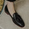 Elbise Ayakkabı Retro Püskül Yay Knot Küçük Deri Ayakkabı Kadın Loafers Kare Toe Alçak Topuklu Oxfords Kadın Ins Geri Deri Fringe Flats 231018