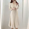 Vestidos casuais vintage uma peça coreano vestido plissado manga longa magro mulher camisola de malha elegante midi festa outono n16