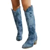 Bottes femmes 2024 Denim rétro longue bout rond talon épais Western Cowboy Style britannique genou-haut chevalier ethnique 231019