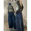 Jeans pour femmes Automne Cargo Baggy Bleu Streetwear Hip Hop Oversize Casual Jambe Large Vintage Demin Pantalon