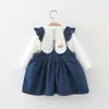 女の子のドレス秋の赤ちゃんドレス女の子の服のための長袖トップカウボーイ0-4年誕生日プリンセス2PCS