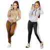 Designer Women Spring Hooded White Beige Two Piece Pants Activewear Women Casual Zip Neck Sweatshirt and Bottom Set Free Ship