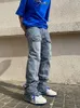 メンズフーディーズスウェットシャツトレンディな大きなポケットデニムカーゴパンツストリートスケートボードファッションデザイナースプレッチスリットフルレングスバギージーンズ男性231018