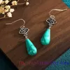 Brincos pendurados turquesa gota de água jóias presentes pedra jade encantos mulheres chinesas pedra preciosa natural amuleto vintage 925 prata