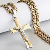 Pendant Necklaces Gold Color Fish Bone Pattern Cross Necklace Men Stainless Steel Crucifix Jesus Link Chain Catholic Jewelry GiftP344B