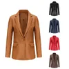 Women's Leather Red Small Suit Autumn Long Sleeved Slim Fitting Soft Female Single Button Commuting Casual Solid Jacket