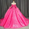 Rosa vermelha querida brilhante quinceanera vestido de baile doce 16 vestido lantejoulas apliques rendas contas vestidos longo trem varredura