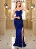 Urban Sexy Dresses Strapless Sequin Floor Length Party Dress Front Slit Backless Padded Bodycon Mermaid Maxi Red Black 231018