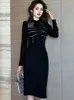 Casual Dresses Spring Midi For Women 2023 Elegant Fashion Black Slim Fit Dress Bow Bandage Robe Party Feast Office Lady Clothes Vestido