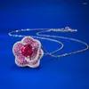 Chains S925 Silver Pigeon Blood Red Flower Necklace Women's Rose Petals Fashion Versatile Pendant