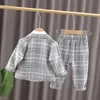 Clothing Sets Spring baby clothes 2022 new boys' Plaid tie gentleman suit 0-4 years old children's handsome host formal dress 231019