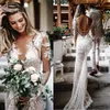 Vestidos de Novia de sirena de tul de manga larga, apliques de encaje floral con cuello en V, vestido de Novia blanco, vestidos de Novia con listones