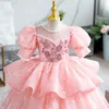 Luxuriöser rosa Tutu Blumenmädchen Kleider Perlenstufen Tüll Liltle Festzug Weddding Kleider Geburtstagsfeier Shiny Bling Lace Prinzessin Kinder Kleid 403