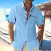 Camicie casual da uomo 2023 Moda estiva Camicia di lino hawaiana Stampata in pizzo Tasca da spiaggia Manica corta Plus Size Button Down Tee Top