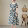 Robes de soirée Mode Casual 2023 Robe d'été Femmes Imprimer Feuille Vintage Lâche O-cou À Manches Courtes Coton Lin Dames Vêtements