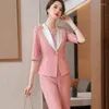 İki Parça Elbise Üstleri 2023 Kadın Pembe Takımlar Yaz Moda Mizaç İşi resmi İnce Blazer ve Etek Ofis Bayanlar İş Giyim