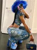 Dames tweedelige broek mode print outfits dames mesh 2 sets korte mouw crop tops blauw baggy streetwear bijpassende pakken 2023