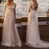 Boho Glitter Floral Weeding Dress Deep V-Neck Side Split A-Line Lace Appliques Beach Bridal Gowns 328 328