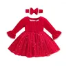 Robes de fille Noël 6M-5Y enfants filles robe vêtements dentelle garniture paillettes étoiles lune couches Tulle Flare manches longues avec bandeau