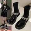 Boots British Style 2021 Autumn Black New Mary Jane Socks Fashion Low Heels Round Toe Mid-calf Rheinstones Women 231019