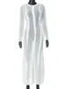 Robes décontractées O-cou évider pull blanc pour les femmes 2023 automne élégant moulante taille haute robe de plage de vacances transparente