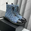 23ss F/W Womens Ankle Boots Designer Blue Denim With Zipper Quilted Texture Hardware Matelasse Metal Chunky Heels Chelsea Boot Snow Booties Outdoor Casual Shoe